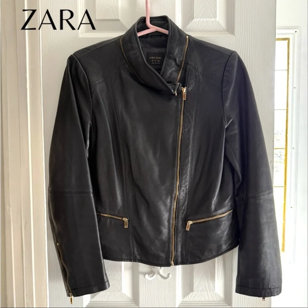 Zara Black Leather Women’s Zippered Moto Jacket, fitted, casual, stand collar, L - Picture 12 of 12